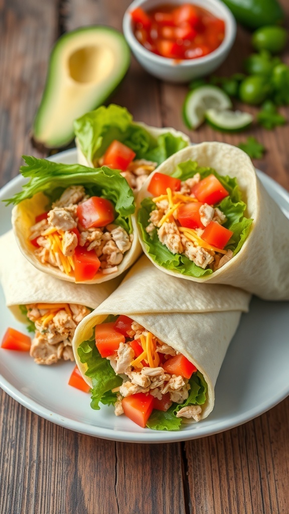 Chicken tortilla wraps filled with chicken, lettuce, tomatoes, and cheese, served with salsa and avocado on a wooden table.